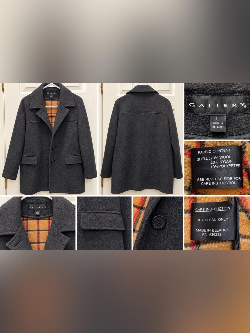 Gallery Wool Blend Charcoal Coat Plaid Lining Size Large Made in Belarus